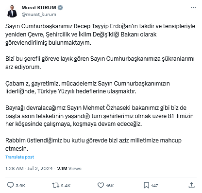 Screenshot 2024 07 02 At 09 23 04 (2) Murat Kurum On X Sayın Cumhurbaşkanımız Recep Tayyip Erdoğan’ın Takdir Ve Tensipleriyle Yeniden Çevre Şehircilik Ve İklim Değişikliği Bakanı Olarak [...]
