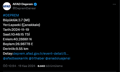 AFAD Duyurdu: Çanakkale'de Deprem!