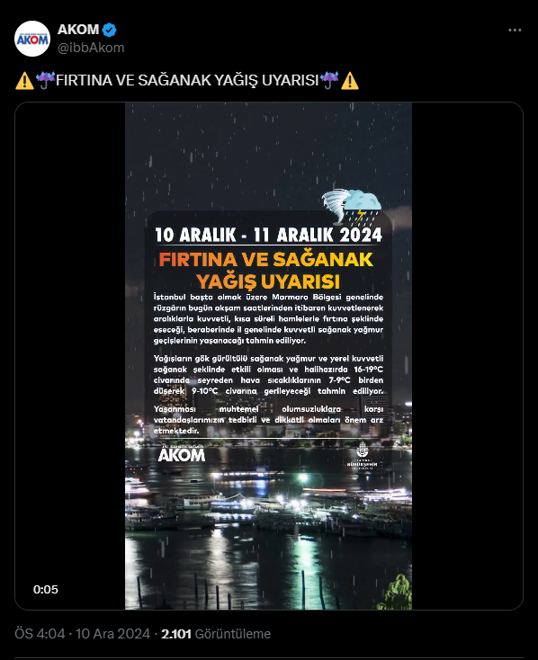 AKOM’dan İstanbul ve Marmara Bölgesi İçin Kuvvetli Yağış ve Fırtına Uyarısı!