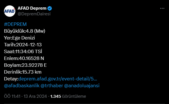 Ege'de 4.8 Büyüklüğünde Deprem!