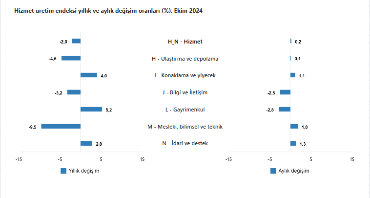Hizmet Üretim Endeksi Ekim 2024’te Yıllık %2,0 Azaldı