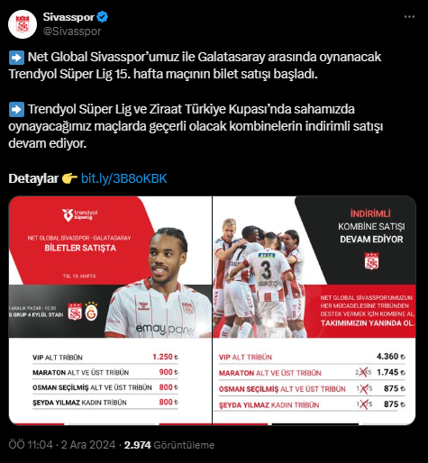Sivasspor Galatasaray Maçının Biletleri Satışa Çıktı