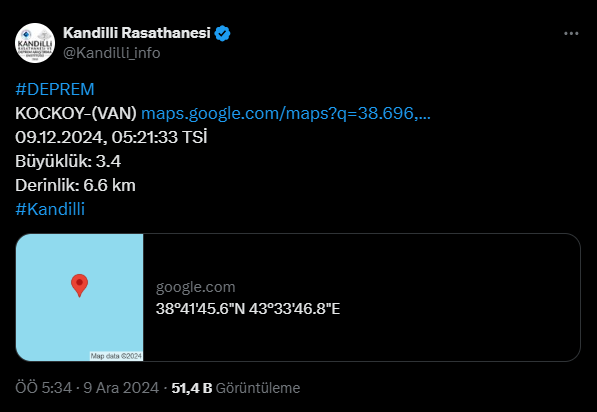 Van’ın Koçköy İlçesinde 3.4 Büyüklüğünde Deprem!