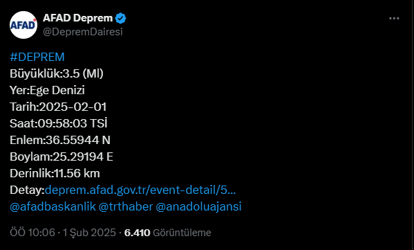 AFAD'dan Yeni Açıklama: Ege Denizi'nde Üçüncü Deprem