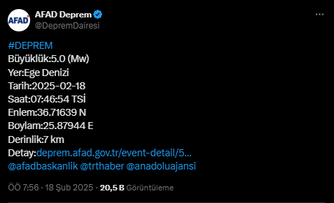 Ege Denizi'nde 5 Büyüklüğünde Deprem! Bodrum'dan Hissedildi