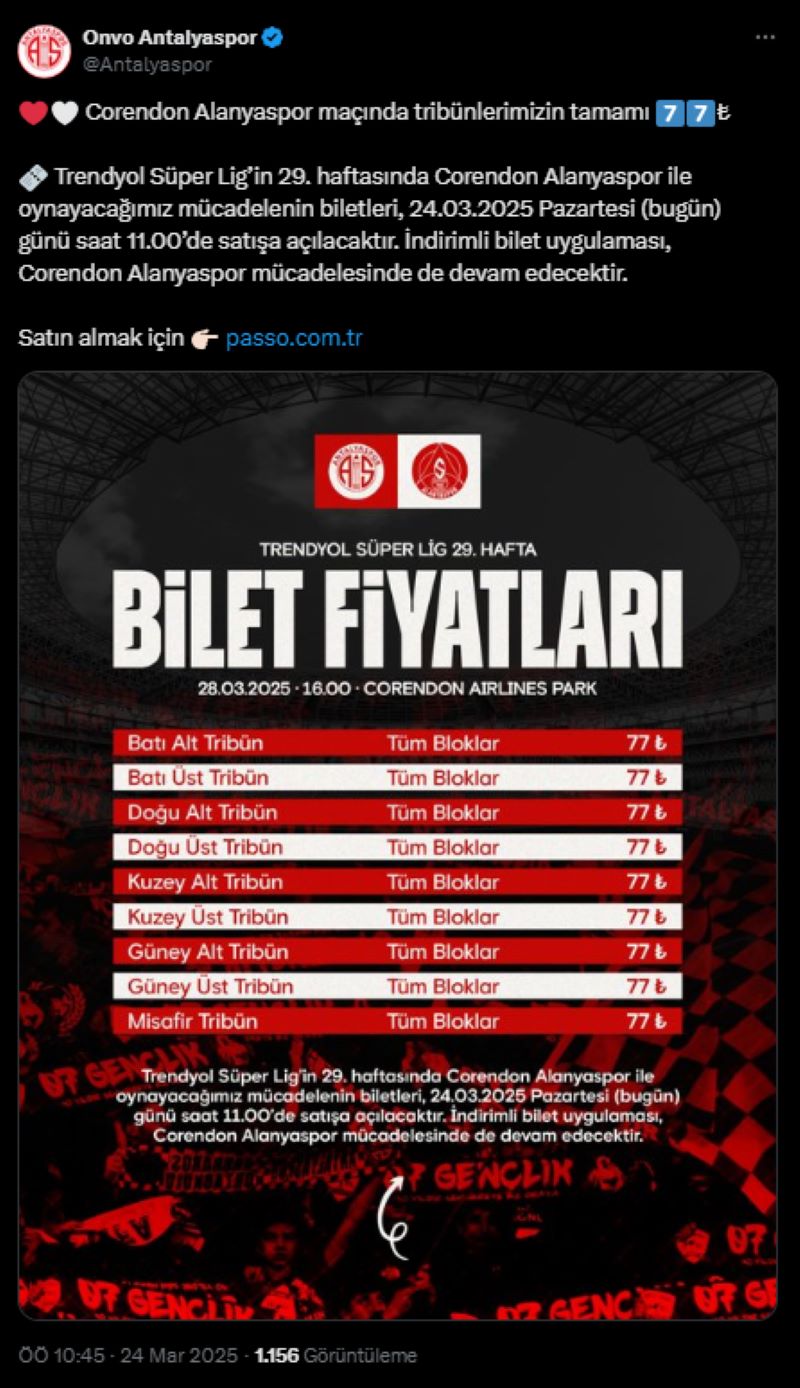 Antalya Derbisinin Biletleri 77 TL’den Satışta