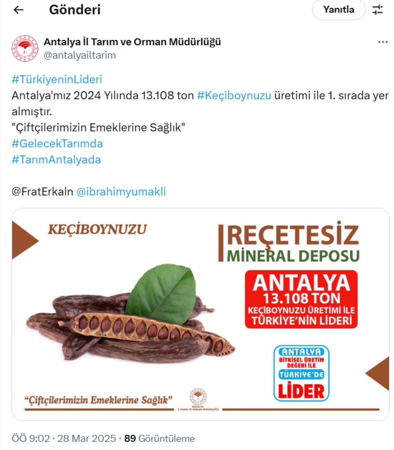 Antalya Keçiboynuzu Üretiminde Lider