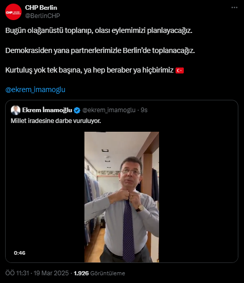 CHP Berlin'den İmamoğlu İçin Destek Çağrısı