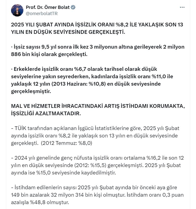 Ticaret Bakanı Bolat İşgücü İstatistiklerini Değerlendirdi