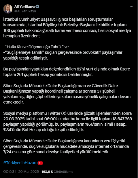 İmamoğlu Gözaltısı Sonrası 261 Şüpheli Hesap Tespit Edildi