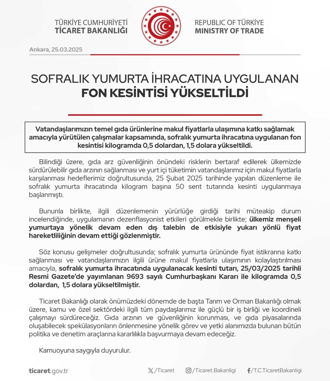 Sofralık Yumurta İhracatına Fon Kesintisi Artırıldı