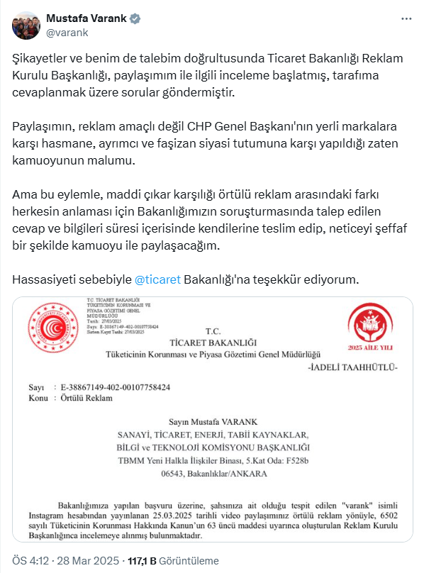 Ticaret Bakanlığı'ndan AKP'li Varank'a 