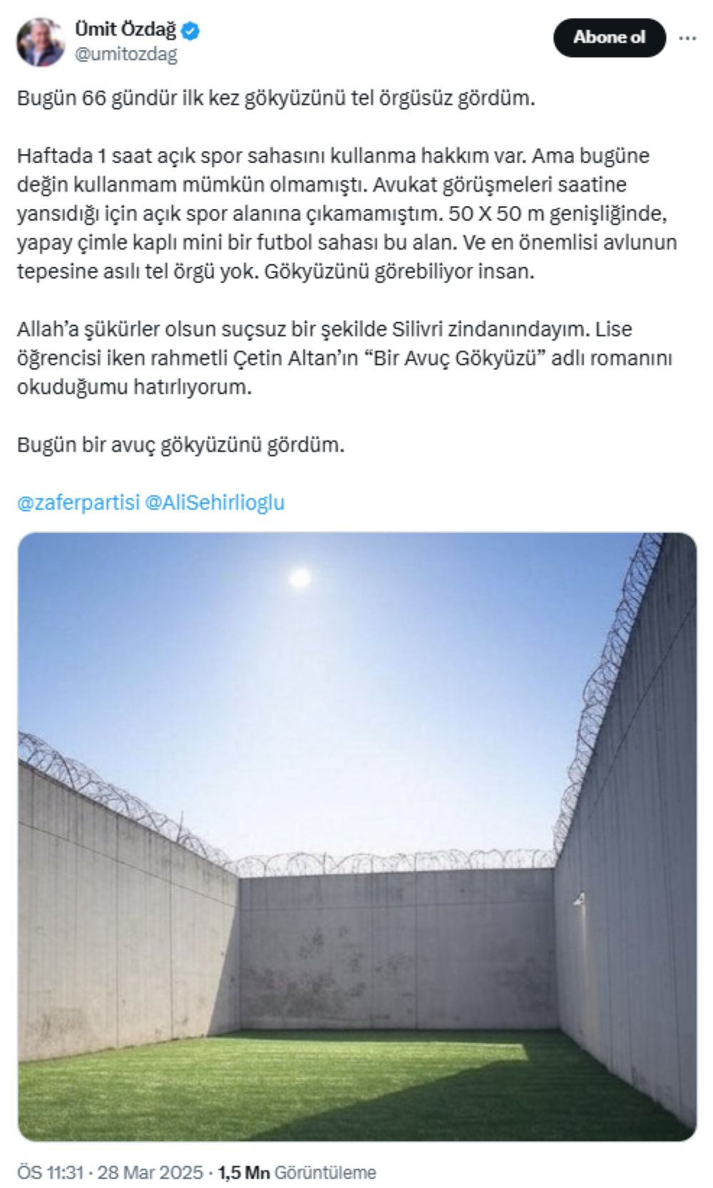 Tutuklu Ümit Özdağ "66 Gün Sonra İlk Kez" Diyerek Paylaştı