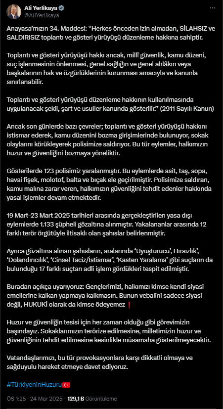 Yerlikaya Açıkladı! İmamoğlu Eylemlerinde Kaç Kişi Gözaltında?