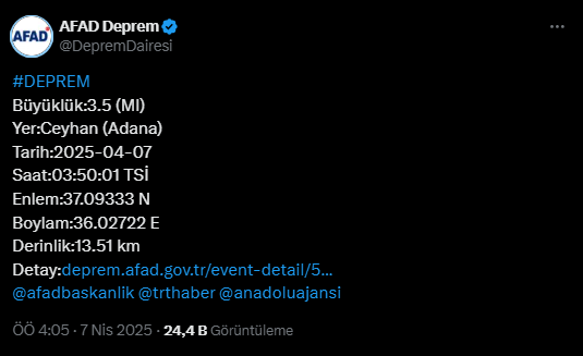 AFAD Açıkladı: Adana'da 3.5 Büyüklüğünde Deprem!