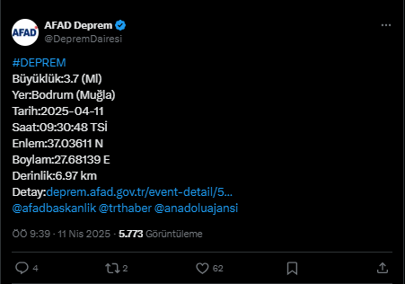 AFAD Duyurdu: Bodrum’da 3.7 Büyüklüğünde Deprem!