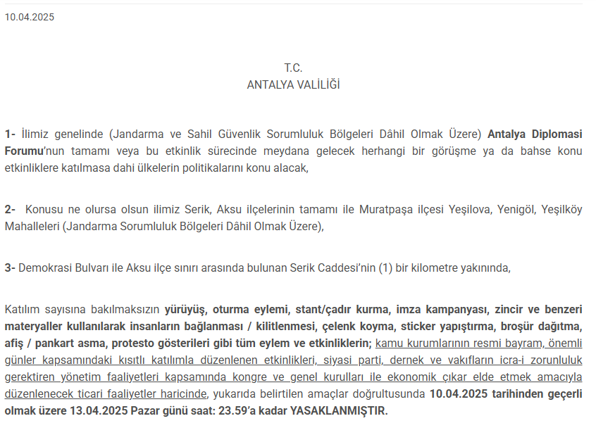 Antalya Valiliği’nden Diplomasi Forumu Öncesi Eylem Yasağı!