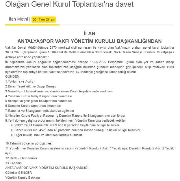 Antalyaspor Vakfı Genel Kurula Gidiyor! 2