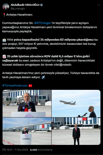 Bakan Uraloğlu: Antalya Havalimanı İstanbul'dan Sonra İkinci Sırada