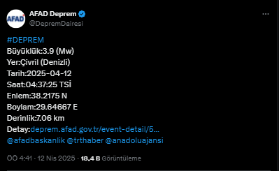 Denizli'de 3.9 Büyüklüğünde Deprem!