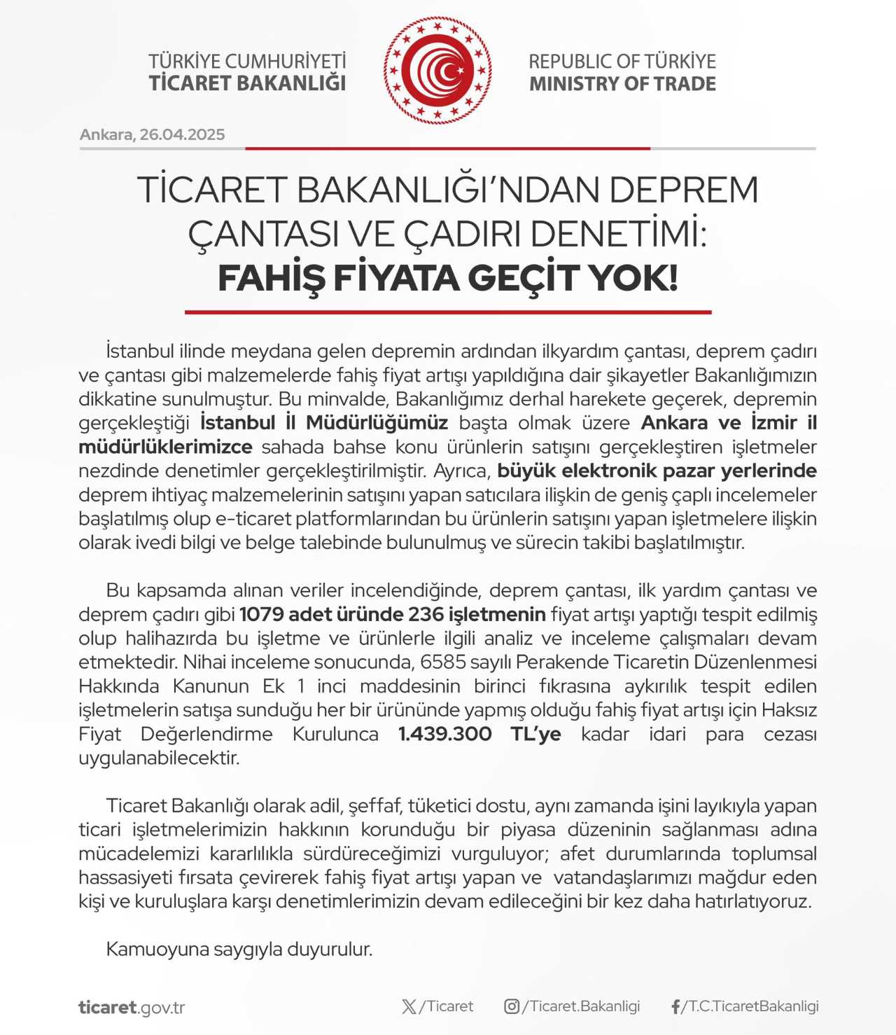 Depremi Fırsata Çevirenlere Ticaret Bakanlığı'ndan Denetim
