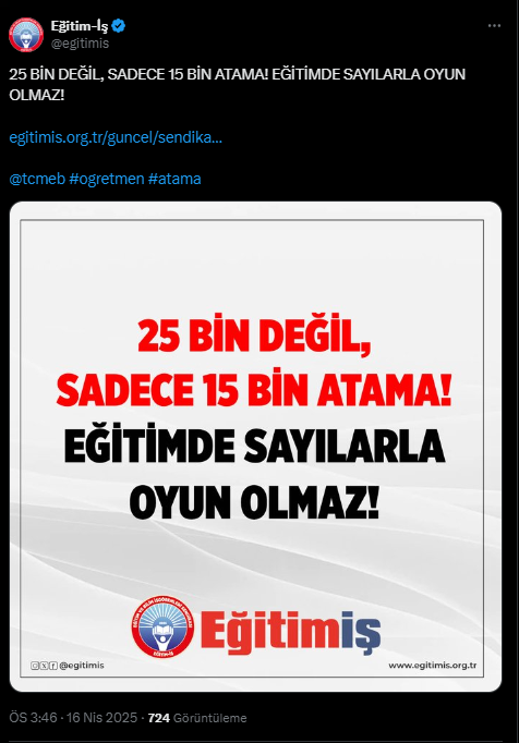 Eğitim İş'ten Öğretmen Atamasına Tepki: 