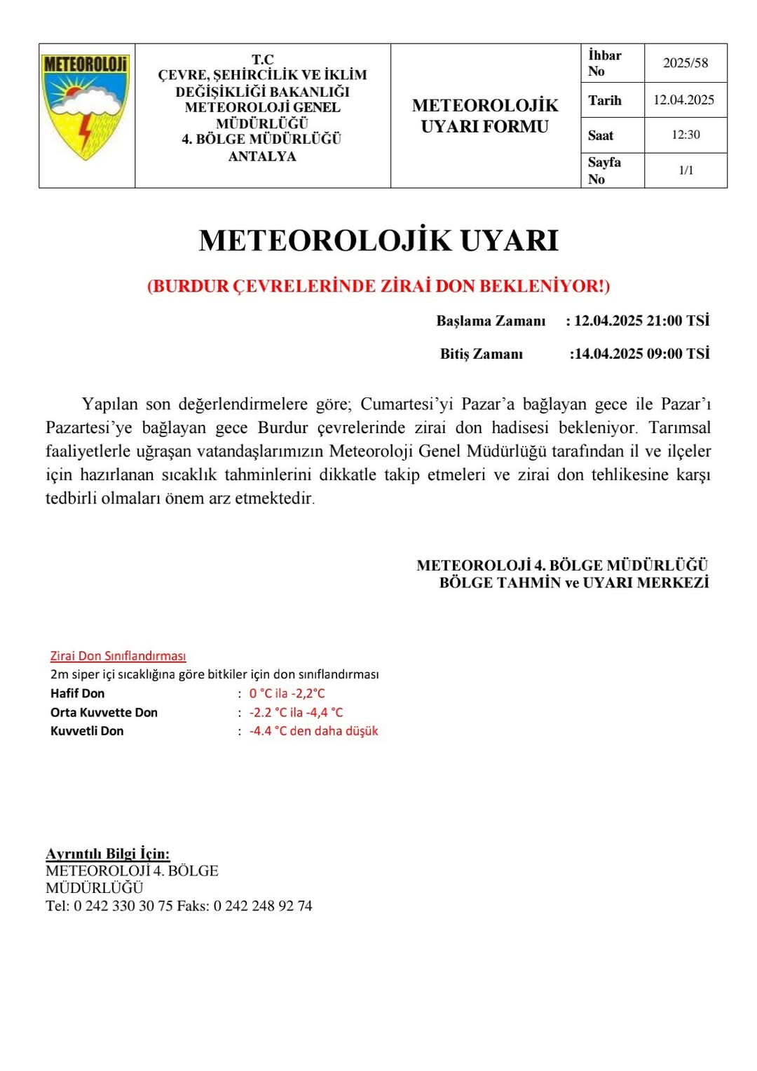 Meteoroloji’den Burdur’da Tarım Yapanlara Zirai Don Uyarısı!