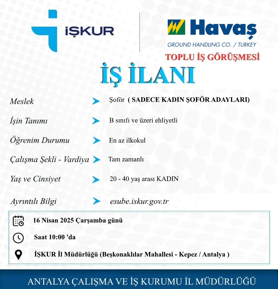 İşkur Antalya Açıkladı! Havaş’a Kadın Personel Alınacak