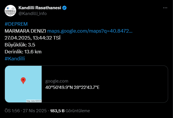 İstanbul Açıklarında 3.5 Büyüklüğünde Deprem!