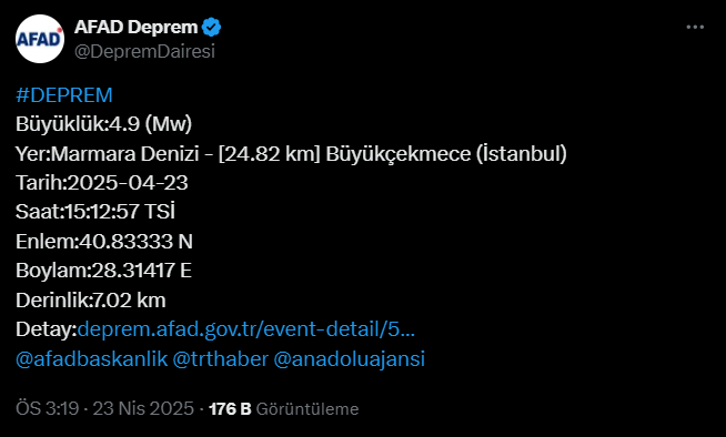 İstanbul'da Korkutan Sarsıntı! 4.9 Büyüklüğünde Deprem