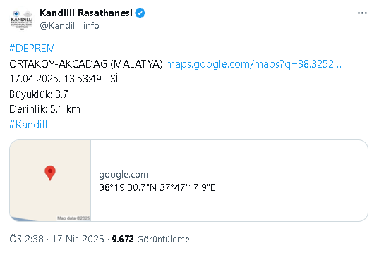 Malatyada Deprem Kandilli
