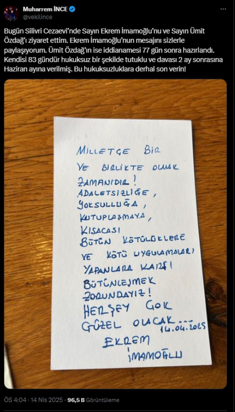 Muharrem İnce İmamoğlu'nu Ziyaret Etti! Mesajını Paylaştı