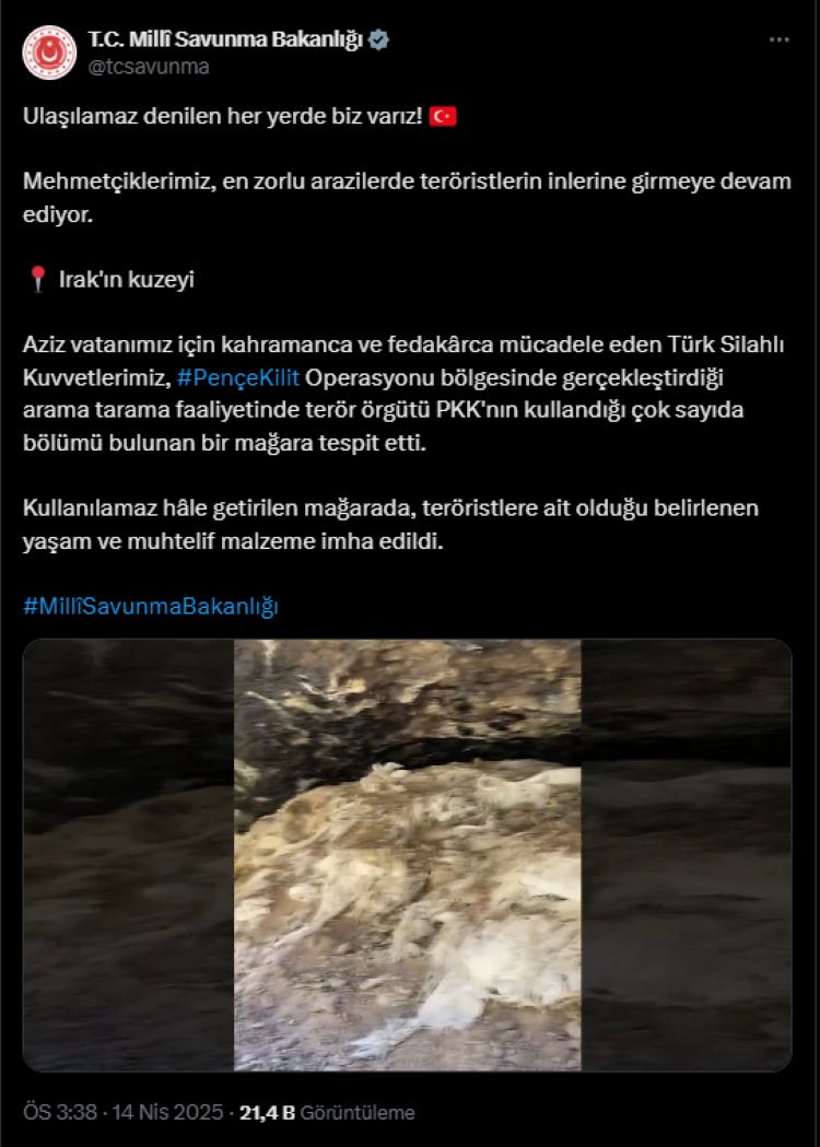 Pençe Kilit Bölgesinde PKK’ya Ait Mağara İmha Edildi