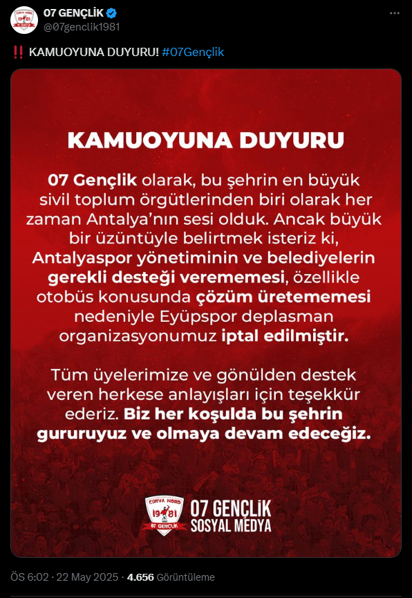 07 Gençlik’ten Antalyaspor Yönetimi ve Belediyelere Tepki