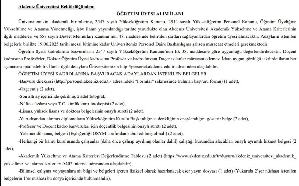 1 Akdeniz Üniversitesi 19 Akademik Kadro Alımı Başlattı!