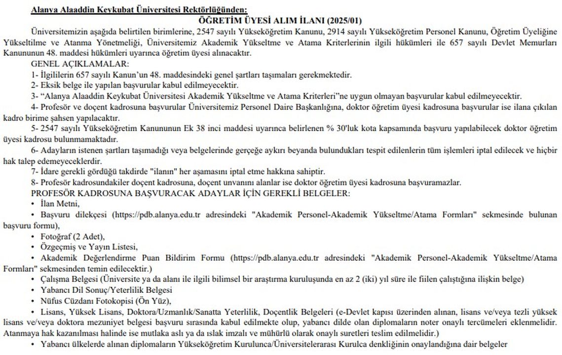 1 Alanya Alaaddin Keykubat Üniversitesi Öğretim Üyesi Alımı Yapacak!