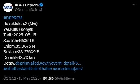 AFAD Açıkladı: Konya’da 5.2 Büyüklüğünde Deprem!