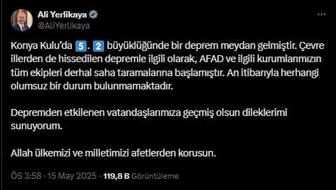 AFAD Açıkladı: Konya’da 5.2 Büyüklüğünde Deprem!