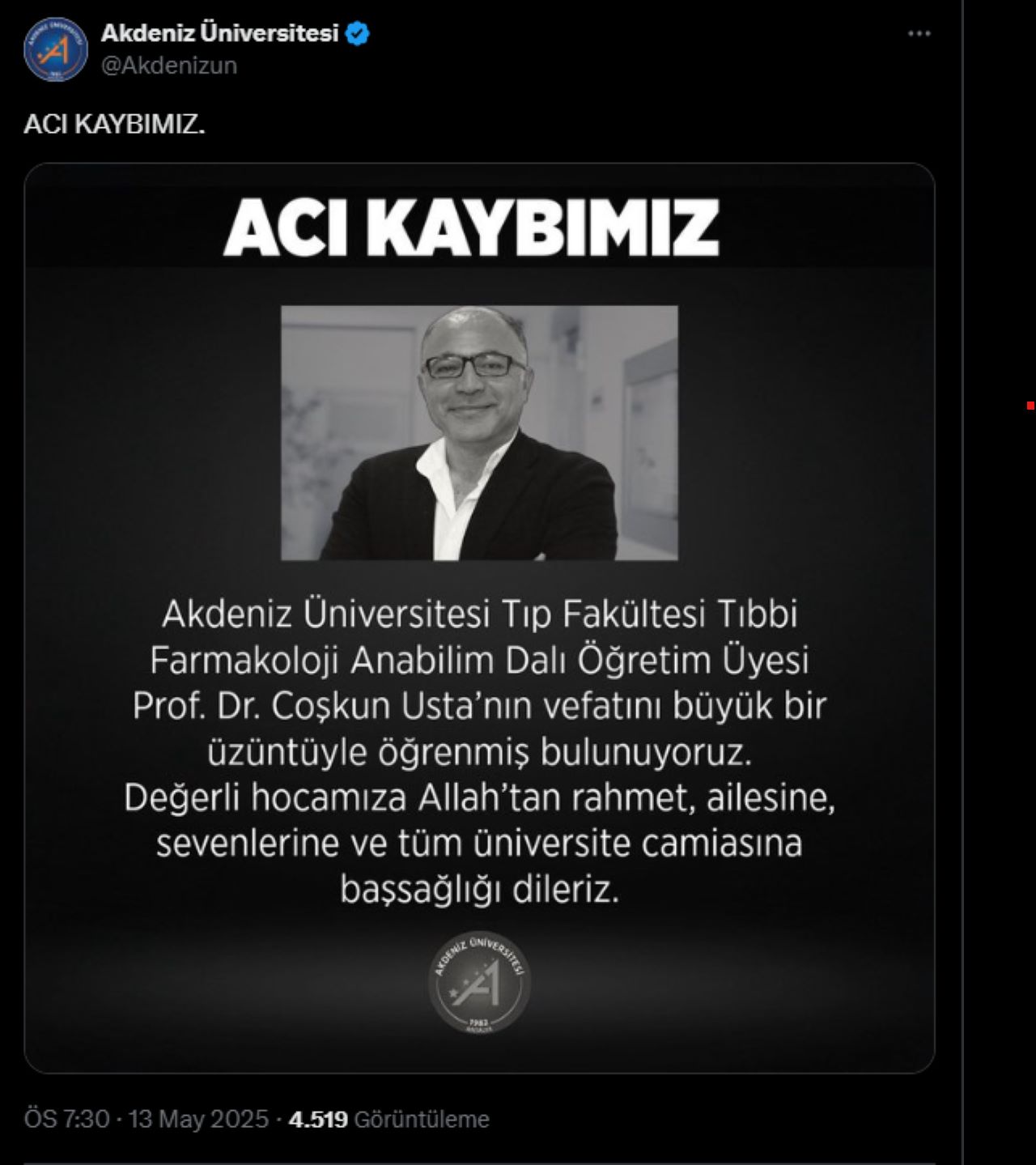 Akdeniz Üniversitesi'nin Değerli İsmi Çoşkun Usta Hayatını Kaybetti