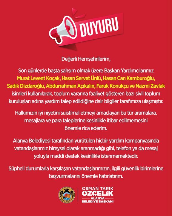 Alanya'da Başkan Ve Yardımcılarının İsmiyle Dolandırıcılık! Özçelik Vatandaşları Uyardı 2