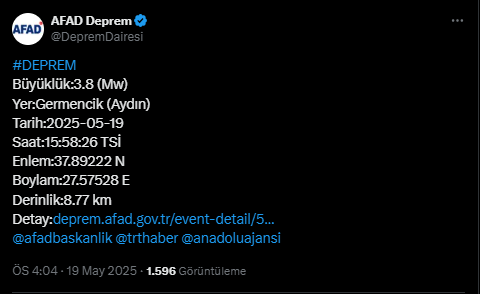 Aydın'da 3.8 Büyüklüğünde Deprem!