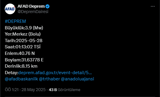 Bolu'da Gece Yarısı Korkutan Sarsıntı! 3.9 Büyüklüğünde Deprem