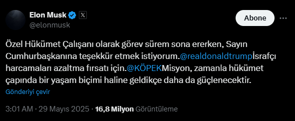 Elon Musk Trump Kabinesindeki Görevinden Ayrıldı