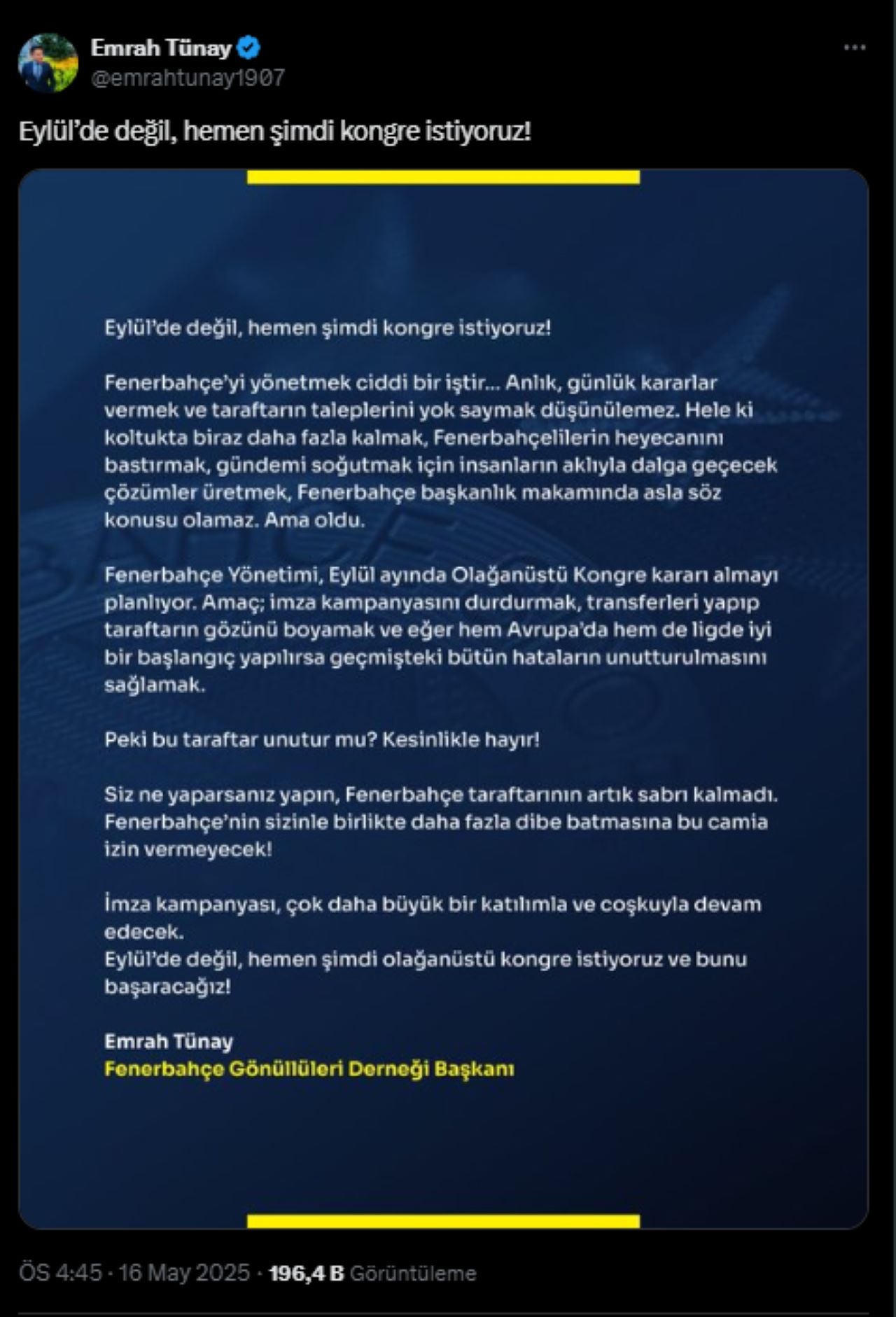 Fenerbahçe'nın Kongre Kararına Tünay'dan Tepki