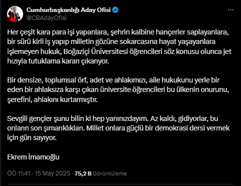 İmamoğlu'ndan Boğaziçi Öğrencilerinin Tutuklanmasına Tepki