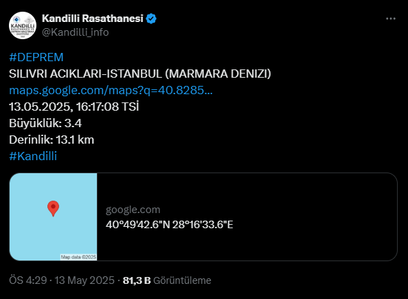 İstanbul'da 3.4 Büyüklüğünde Deprem Meydana Geldi