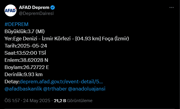 İzmir'de 3.7 Büyüklüğünde Deprem!