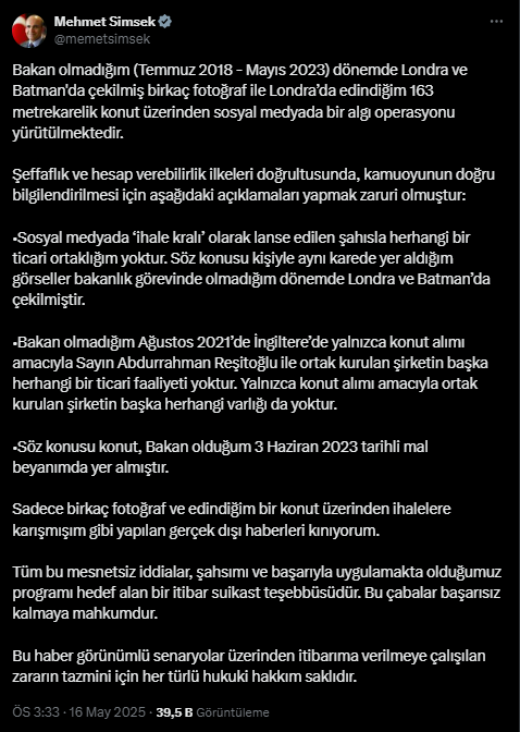 Mehmet Şimşek’ten Londra’daki Ortaklık İddialarına Yanıt