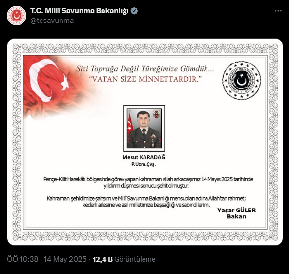 MSB Duyurdu: Yıldırım Düşmesi Sonucu Bir Asker Şehit Oldu