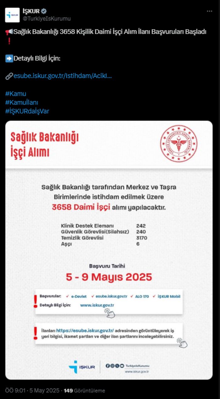 Sağlık Bakanlığı 3658 İşçi Alımı İçin Başvurular Başladı